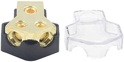 RKURCK Power Distribution Block, 2 Way 0/2/4 AWG Gauge in, 4/8/10 Gauge Out, 2 Way Car Audio Stereo Amp Distribution Connecting Block for Audio Splitter (1 in 2 Out) with Screw Sets 2 Pack