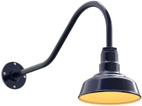 Steel Lighting Co. Hawthorne Barn Light | Outdoor Wall Mounted | 8 inch Dome | 23" Gooseneck | Small Farmhouse Light Made in America | Navy Blue Exterior/Brass Interior