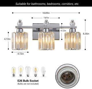 FDPBY Bathroom Vanity Lights 3-Light Chrome Modern Crystal Vanity Light Fixtures Over Mirror Crystal Bathroom Vanity Lighting Fixtures