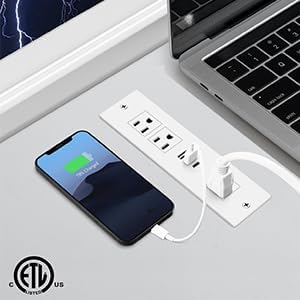 Recessed Power Strip, Furniture Drawer Outlet with 20W PD USB-C & 18W QC3.0 USB-A, Plug in 3 Outlets & USB Ports, Flush Mount 3FT Flat Extension Cord Conference Desk Outlets White