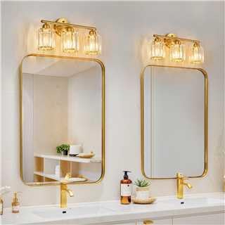 FDPBY Modern 3 Light Crystal Vanity Light, Brushed Gold Vertical Bathroom Light Fixture Over Mirror for Dressing Table Sink, Compatible with Dimmable Bulbs (Bulbs Not Included)