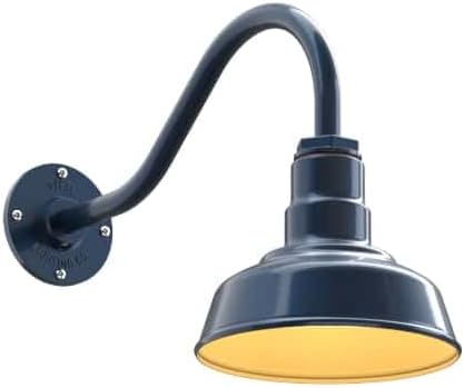 Steel Lighting Co. Hawthorne Barn Light | Outdoor Wall Mounted | 8 inch Dome | 16" Gooseneck | Small Farmhouse Light Made in America | Gray Blue Exterior/Brass Interior