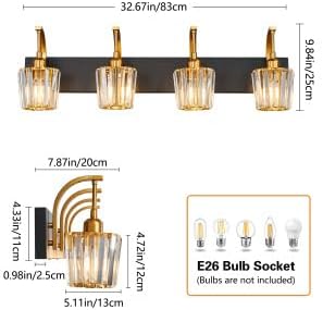 FDPBY Modern Bathroom Vanity Light, 4-Light Black Gold Wall Sconce with Crystal Accents, Over Mirror Bathroom Lighting Fixture, 32.67" Long Dimmable Vanity Lamp for Makeup, Easy Installation