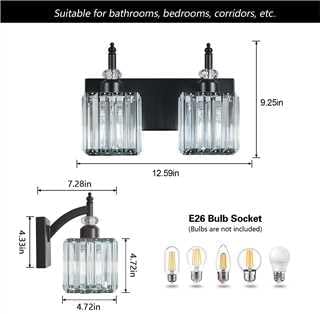 BBLLWJ Modern Bathroom Vanity Light 2-Light Black Crystal Light Fixtures Over Mirror for Bathroom Wall Sconce