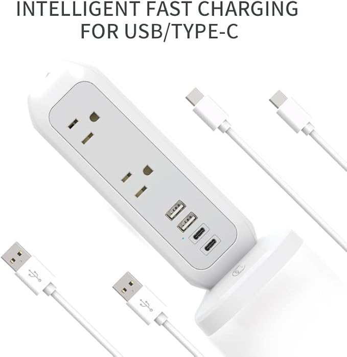 [White Lunar] Power Strip Tower with Surge Protector – 11 AC Outlets, 4 USB Ports (2 USB-A & 2 USB-C), 6ft Heavy-Duty Flat Plug Extension Cord for Home, Office & Dorm Essentials