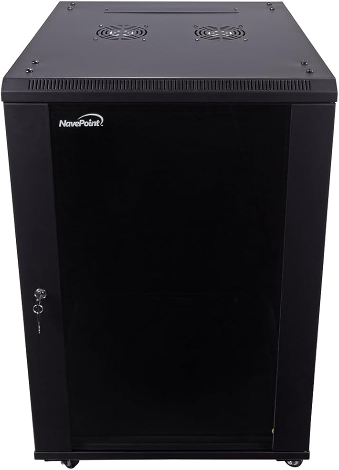 NavePoint 18U Server Cabinet Wall Mount Rack Enclosure with Caster Wheels, 2 Fans, Locking Glass Door, Removable Side Panels – 18U Network Cabinet 23.6” Deep, 19” Server Rack for IT Equipment