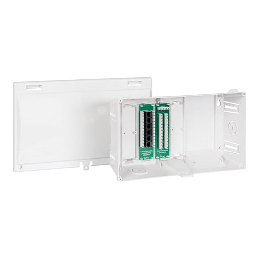 ICC 8” Plastic Structured Wiring Enclosure with Cover, Media Enclosure with CAT5e 6-Port PoE++ and 1x6 Bridged Telephone Modules, Cable Management Box, UL Listed, ICRDSMMAW8