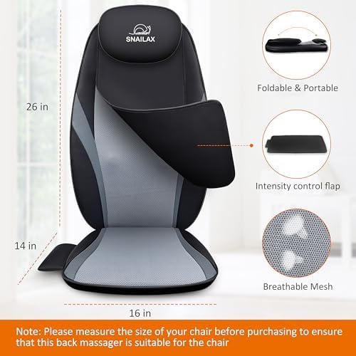 Snailax Shiatsu Massage Cushion with Heat Massage Chair Pad Kneading Back Massager for Pain Relief Deep Tissue 3D Roller Travel Up/Down to Relax Tense Muscle, Office Home Use