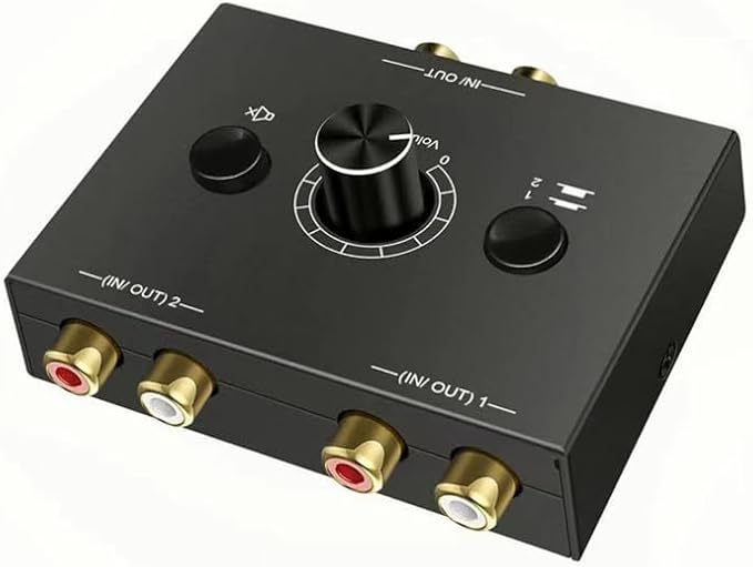 RCA Stereo Audio Switcher R/L Audio Selector Splitter 2(1)-in-1(2)-Out Audio Selector Switch Box with One Key Mute and Switch Compatible Active Speaker,PC,Ipad,etc