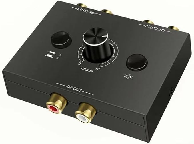 RCA Stereo Audio Switcher R/L Audio Selector Splitter 2(1)-in-1(2)-Out Audio Selector Switch Box with One Key Mute and Switch Compatible Active Speaker,PC,Ipad,etc