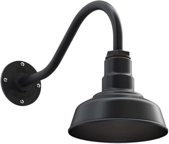 Steel Lighting Co. Hawthorne Barn Light | Outdoor Wall Mounted | 8 inch Dome | 16 inch Gooseneck| Small Farmhouse Light Made in America | Matte Black Exterior/Matte Black Interior