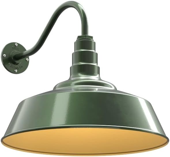 Steel Lighting Co. Large Outdoor Barn Light | Gooseneck Light Fixture | Made in America from 18-Gauge Steel | 20" Dome | 16" Gooseneck Hunter Green Exterior/Brass Interior