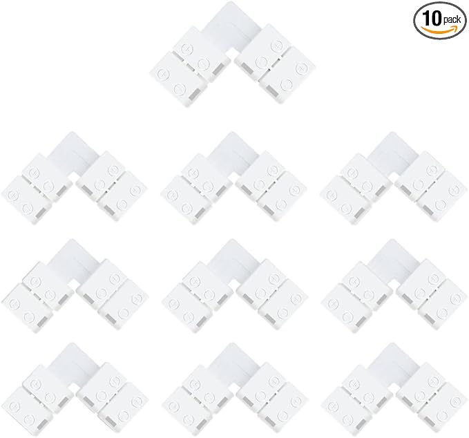 LightingWill 10pcs Pack L Shape Solderless Snap Down 2Conductor LED Strip Connector for Right Angle Corner or 90 Degree Connection of 8mm Wide 3528 2835 Single Color Flex LED Strips