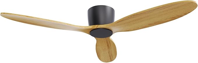 OUATER Flush Mount Ceiling Fan no light with Remote, 52 inch Low Profile Wood Ceiling Fan without light for Outdoor, Bedroom, Natural Wood and matte Black, DC Motor, 6 Speed