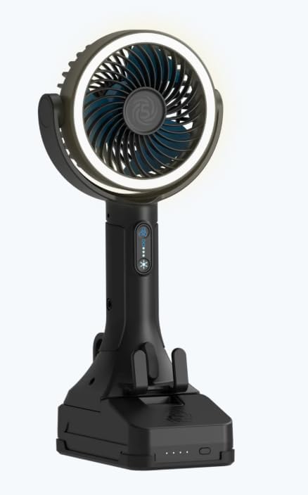CANE5 AirLux Pro, Portable Fan, 180-Degree Tilt Head, 5 Speeds, 18MPH Wind Velocity, Rechargeable 20V Battery, [40 Working Hours], USB Power Bank, LED Ring Light, Hands-Free Smart Hook