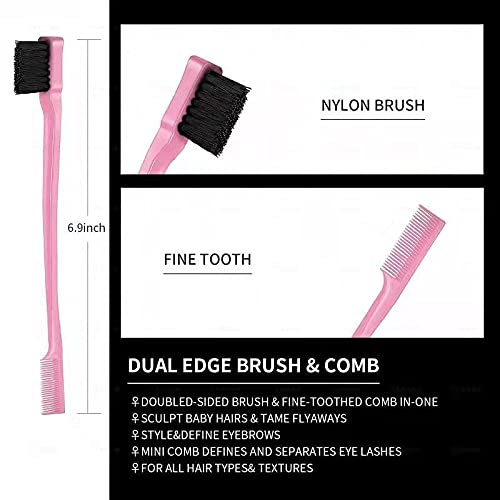 3 Pieces Hair Styling Comb Set Teasing Brush Rat Tail Comb Edge Brush for Edge&Back Brushing, Combing, Slicking Hair for Women (Pink)