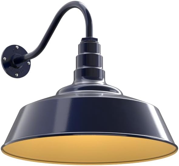 Steel Lighting Co. Large Outdoor Barn Light | Gooseneck Light Fixture | Made in America from 18-Gauge Steel | 20" Dome | 16" Gooseneck Navy Blue Exterior/Brass Interior