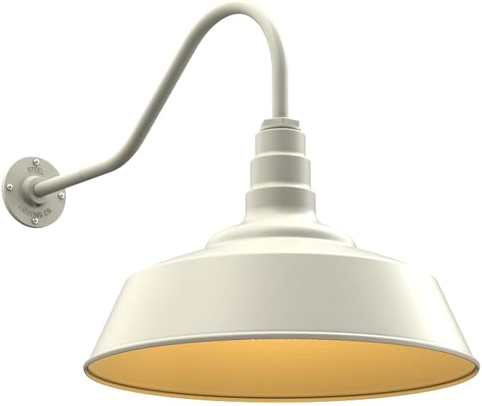 Steel Lighting Co. Large Outdoor Barn Light | Gooseneck Light Fixture | Made in America from 18-Gauge Steel | 20" Dome | 23" Gooseneck Cream Exterior/Brass Interior