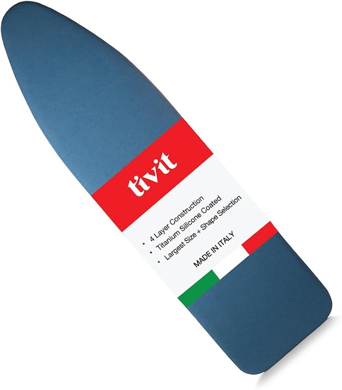 TIVIT Ironing Board Cover 18 x 49, Performance Grade Titanium Coated Pro Grip Pad & Covers - Superior Scorch & Stain Resistance, High Heat Reflection, 3 Padded Layers 3 Fastener Straps - Made In Italy