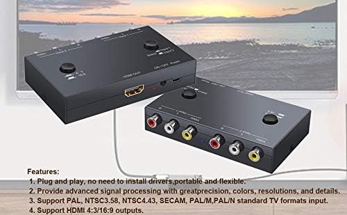 ZUZONG 2 RCA to HDMI, 1080P 2 Way RCA Composite CVBS AV Switch to HDMI Video Audio Converter Adapter Supporting 4:3/16:9, for PC Laptop Xbox PS2 PS3 N64 NGC SNES WII VHS VCR Camera DVD