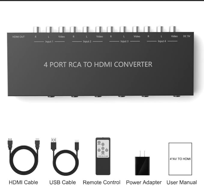 4 Port RCA to HDMI Converter 1080P/720P RCA Composite CVBS AV Switch to HDMI Converter Adapter Support 4:3/16:9 Switch, for Sega Xbox PS1 PS2 PS3 N64 NGC SNES WII VHS VCR Camera DVD(With Remote）