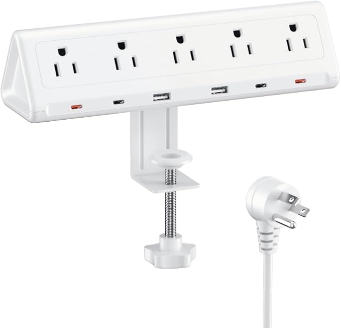 6.5 FT Desk Clamp Power Strip with 5 AC Outlets & 6 USB Ports PD 40W USB-C Fast Charging, 1250J Surge Protector, Fits 2.1 in top Edge White