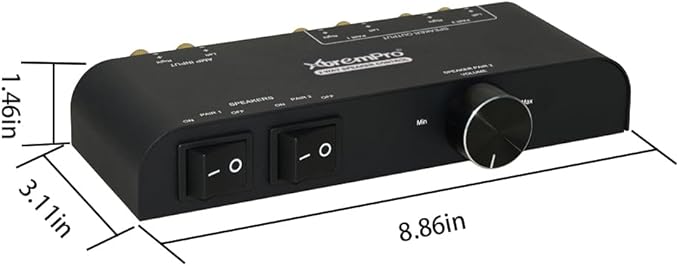XtremPro 2 Way Speaker Switch, 1 in 2 Out Way Pair Stereo Speaker Selector W/Volume Control Metal Non-Slip Box - Black (61052), 9.0 x 3.25 x 1.5