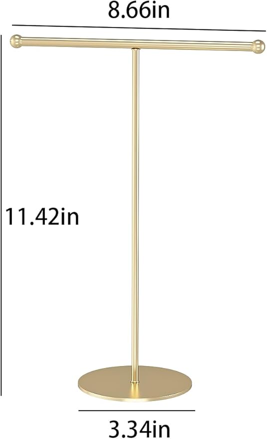 Justsoso Metal T-Bar Necklace Holder Stand, Necklace Hanging Display Stand, Tabletop Jewelry Organizer Stand for Necklace Bracelet Earring Display (Gold With Metal Base)