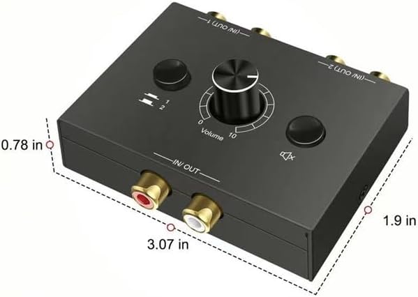 RCA Stereo Audio Switcher R/L Audio Selector Splitter 2(1)-in-1(2)-Out Audio Selector Switch Box with One Key Mute and Switch Compatible Active Speaker,PC,Ipad,etc