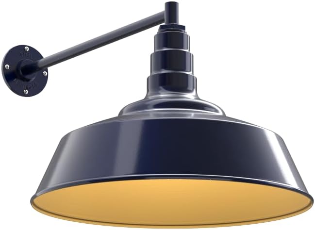 Steel Lighting Co. Large Outdoor Barn Light |Garage Light Fixture | Made in America from 18-Gauge Steel | 20" Dome | 20" Straight Arm Navy Blue Exterior/Brass Interior