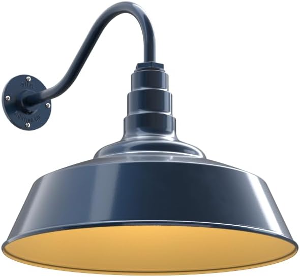 Steel Lighting Co. Large Outdoor Barn Light | Gooseneck Light Fixture | Made in America from 18-Gauge Steel | 20" Dome | 16" Gooseneck Gray Blue Exterior/Brass Interior