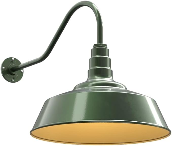 Steel Lighting Co. Large Outdoor Barn Light | Gooseneck Light Fixture | Made in America from 18-Gauge Steel | 20" Dome | 23" Gooseneck Hunter Green Exterior/Brass Interior