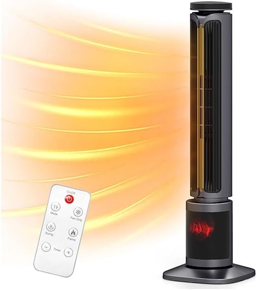 Zynkez 34.5" Space Heaters for Indoor Use Large Room, 1500W PTC Tower Fireplace Heater with 3D Flame, Room Heater w/Remote Control,12H Timer & Oscillation, Portable Electric Heaters for Bedroom, Grey