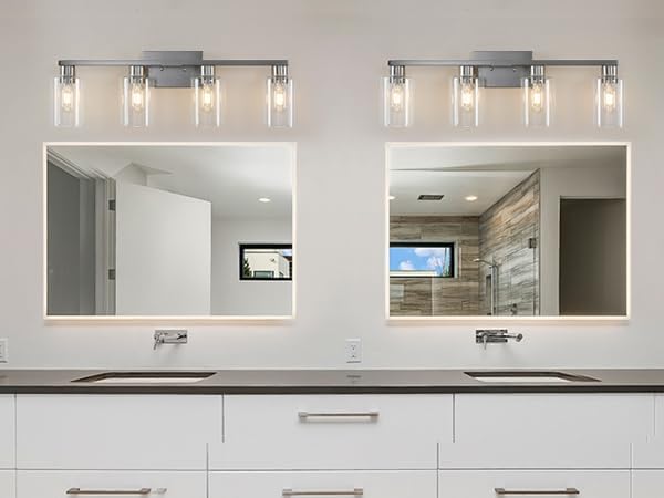 SOPEAS 4 Light Bathroom Light Fixtures, Brushed Nickel Modern Bathroom Vanity Light with Clear Glass Shade, Bathroom Lighting Fixtures Over Mirror, Vanity Lights for Bathroom Mirror