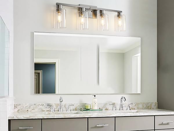SOPEAS 4 Light Bathroom Light Fixtures, Brushed Nickel Modern Bathroom Vanity Light with Clear Glass Shade, Bathroom Lighting Fixtures Over Mirror, Vanity Lights for Bathroom Mirror