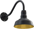 Steel Lighting Co. Hawthorne Barn Light | Outdoor Wall Mounted | 8 inch Dome | 16 inch Gooseneck| Small Farmhouse Light Made in America | Matte Black Exterior/Brass Interior