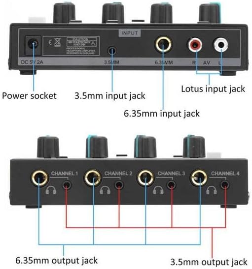 Riworal Headphone Amplifier 4 Channel Audio Amplifier Portable Splitter with 1/4"& 1/8" TRS Output Input for Dj Mixer Or Monitor Headphone for Stereo/Mono