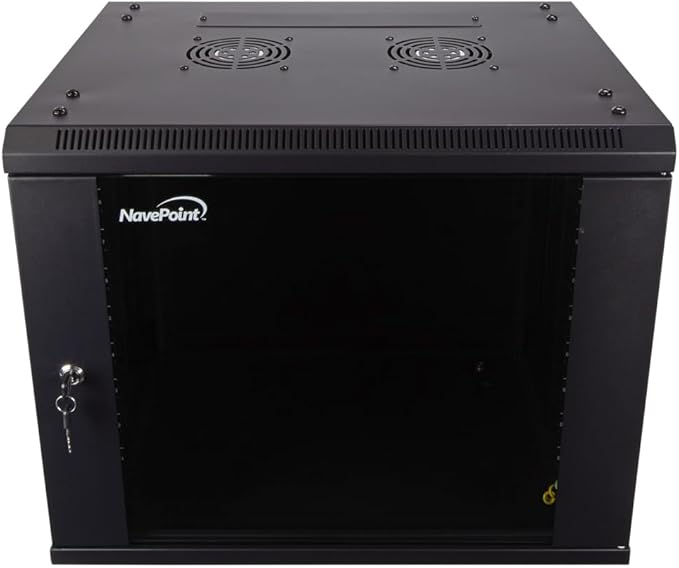 NavePoint 9U Server Cabinet Wall Mount Rack Enclosure Includes 2 Fans, Locking Glass Door, Removable Side Panels – 9U Network Cabinet 17.7” Deep, 19 Inch Server Rack for IT and A/V Equipment