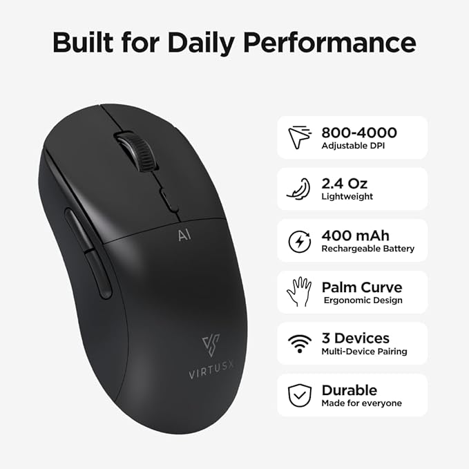 Virtusx Jethro AI Mouse - Voice & Audio Recorder for Lecture & Meeting, Centralized Software with Voice Typing, Writing Tools, Transcribe, Translate & Summarize, Wireless Mouse for Computer, Laptop