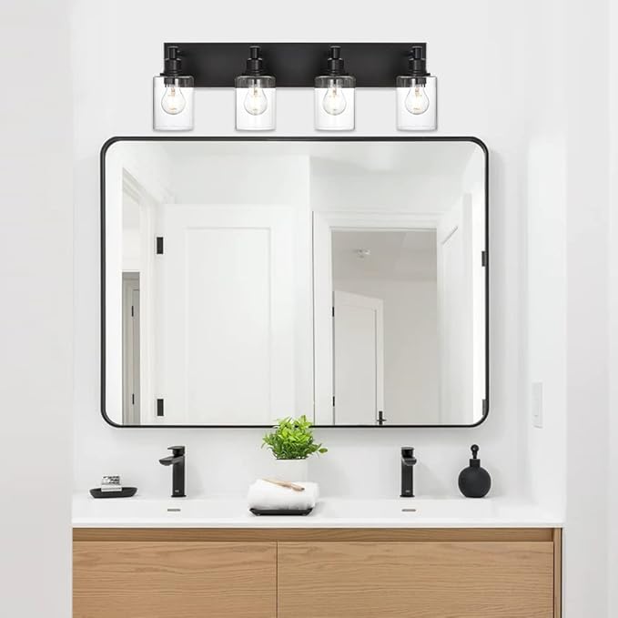 TODOLUZ 4-Lights Bathroom Vanity Light Fixtures, Black Modern Wall Lighting Over Mirror with Clear Glass Shade (E26 Bulb Base)