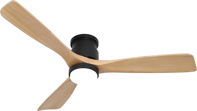 revoici Flush Mount Ceiling Fan with Light Remote, 52inch Natural Wood Ceiling Fans, 6 Speeds Reversible DC Motor 3CCT LED Lighting, Indoor Outdoor Fan Farmhouse Bedroom Living Room
