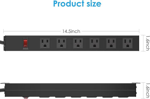 2Pack Metal Wall Mount Power Strip, Mountable Power Outlet with 6 AC Outlets, Aluminum Alloy Mount Power Socket with Switch, 6 FT SJT 3/C 14AWG Power Cord, 15A 125V 1875W (6AC)