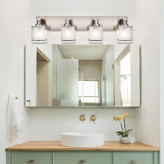 WINSHEN 4-Lights Bathroom Light Fixtures Over Mirror, Brushed Nickel Vanity Wall Mounted Lighting with Frosted Glass for Kitchen Living Room, E26 Bulb Base