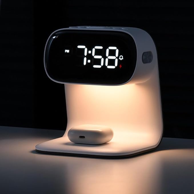 3in1 Multi-Functional Wireless Charging Alarm Clock Smart Night Light Qi Charger LED Digital Clock Adjustable Light 15W Fast Wireless Charging for All Qi Phone and TWS Headphone White