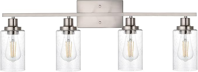 WINSHEN 4-Lights Modern Vanity Light Fixtures for Bathroom Over Mirror, Farmhouse 31-Inches Length Seeded Glass Bath Wall Sconce Lighting in Brushed Nickel