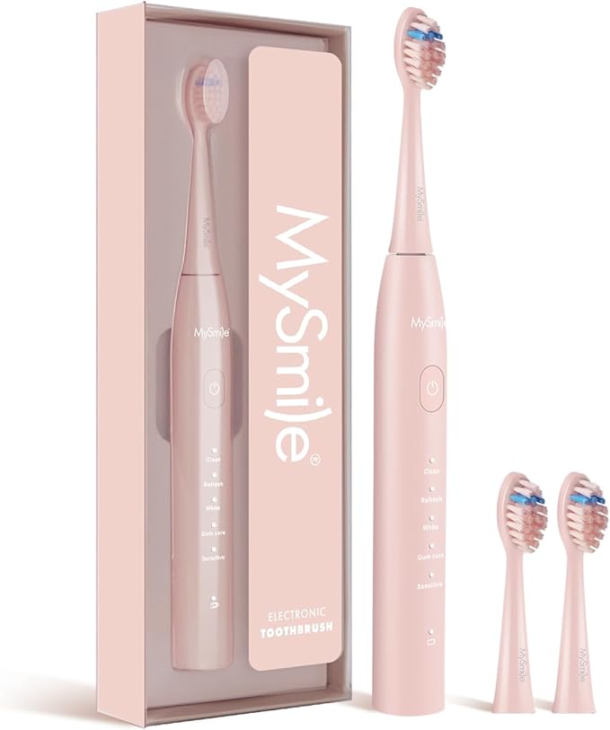 MySmile DY156 Electric Toothbrush for Adults, Rechargeable Sonic Battery Toothbrush Portable with 3 Brush Heads, 2 Mins 5 Modes Smart Timer, 45000VPM, One Charge for 60 Days - Pink