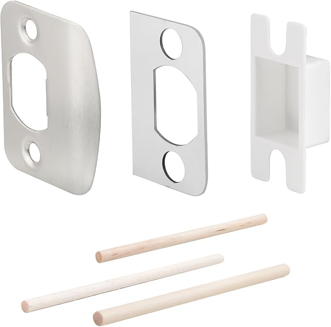 MOSECYOU Standard Door Lock Strike Plate with Spacer Shim, Door Latch Restorer, Universal Security Striker, Repair Kits to Fix Door Won’t Latch in (Satin Nickel)