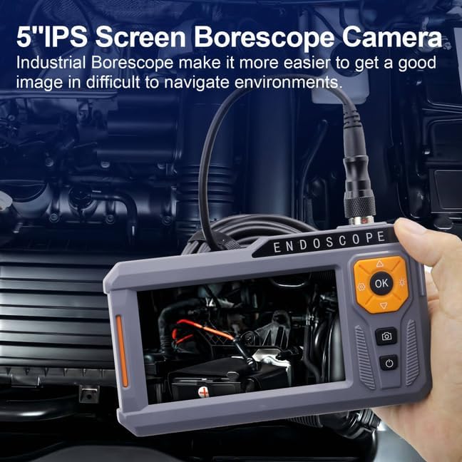 5‘’ Dual Lens Endoscope Camera with Light, 1080P Borescope Inspection Camera with Photo & Video, 7.9mm IP67 Waterproof Sewer with 7 LED Lights,16.5FT Semi-Rigid Cable, Built-in 32G Card