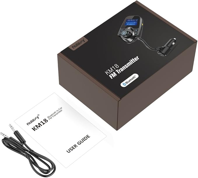 Nulaxy Bluetooth Car FM Transmitter Audio Adapter Receiver Wireless Handsfree Car Kit TF Card AUX 1.44 Display – KM18 Brown