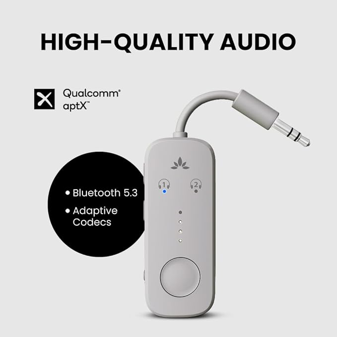Avantree Relay - Premium Airplane Bluetooth Adapter with Advanced Qualcomm Chipset, 2 Headphones Support, 25hrs Play Time, aptX Adaptive & HD Audio Transmitter for Airpods, Bose & Travel Flight
